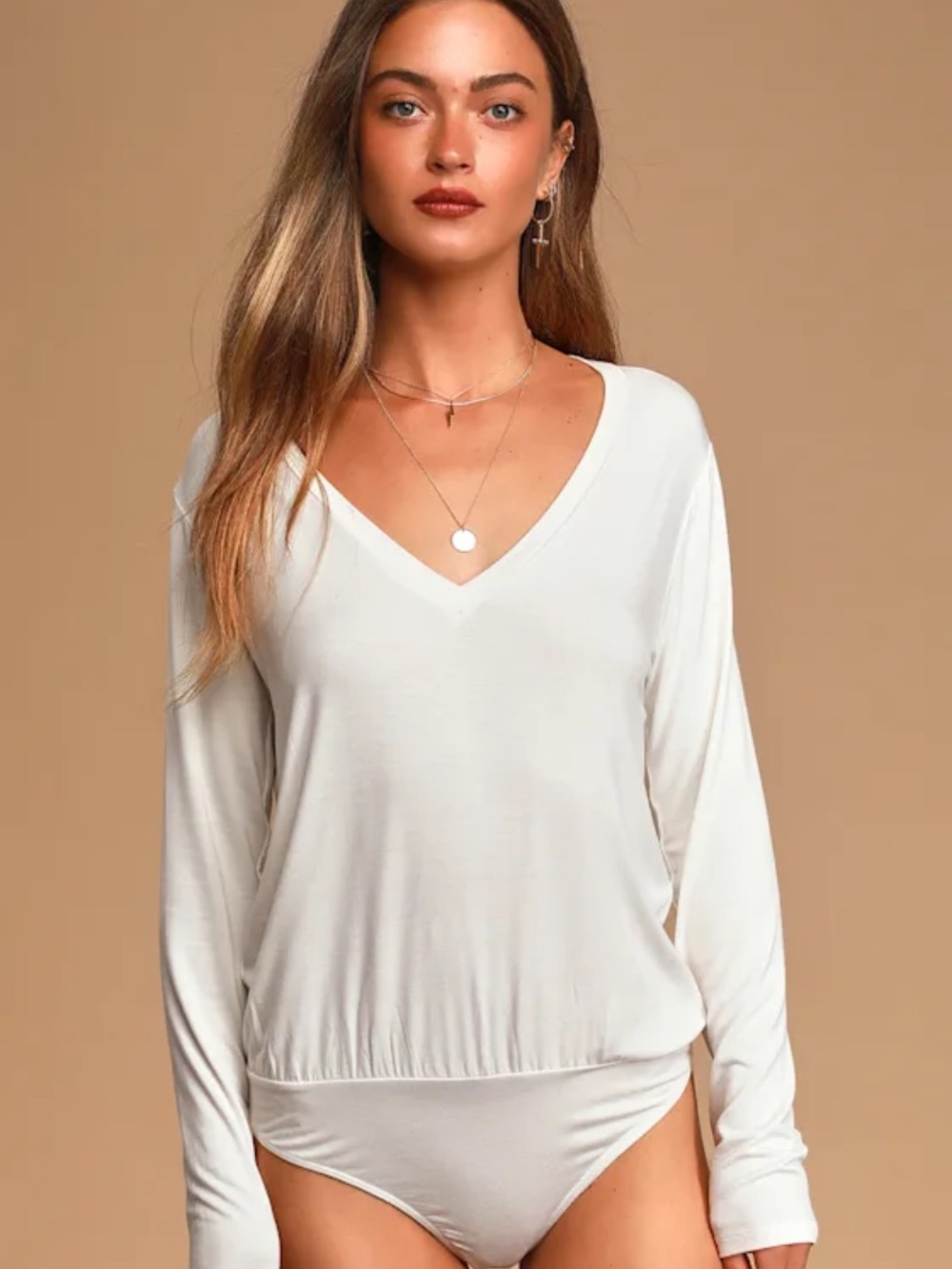 Lulus Rely On Me White Long Sleeve V-Neck Bodysuit